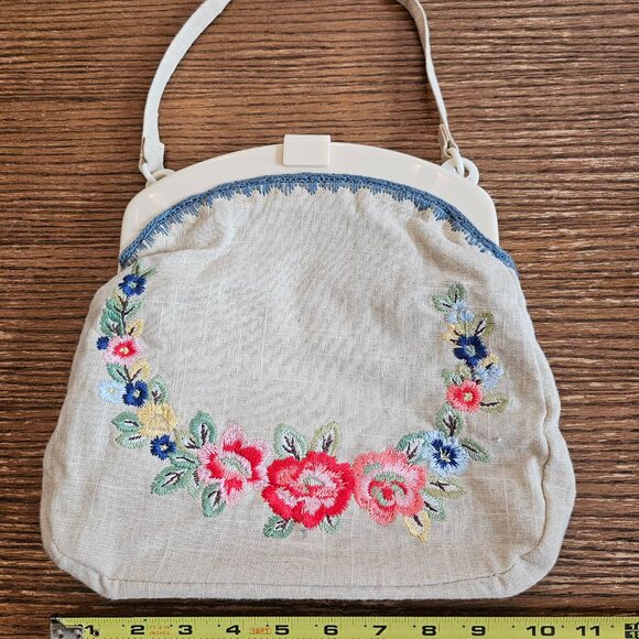 Cath Kidston Floral Embroidered Linen Handbag Purse - Picture 7 of 11